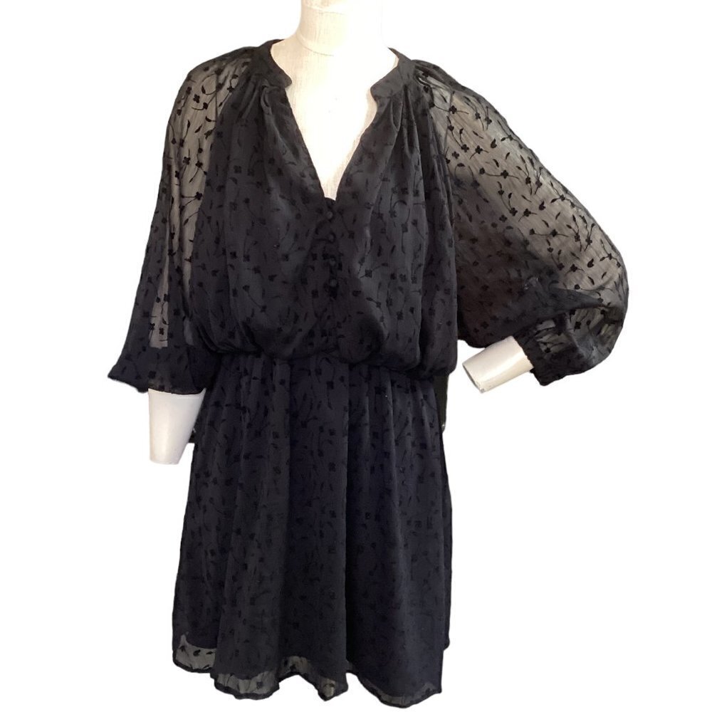 ZARA Chiffon Embroidered Flower Long Sleeve Dress Sz M Black‎ #61G